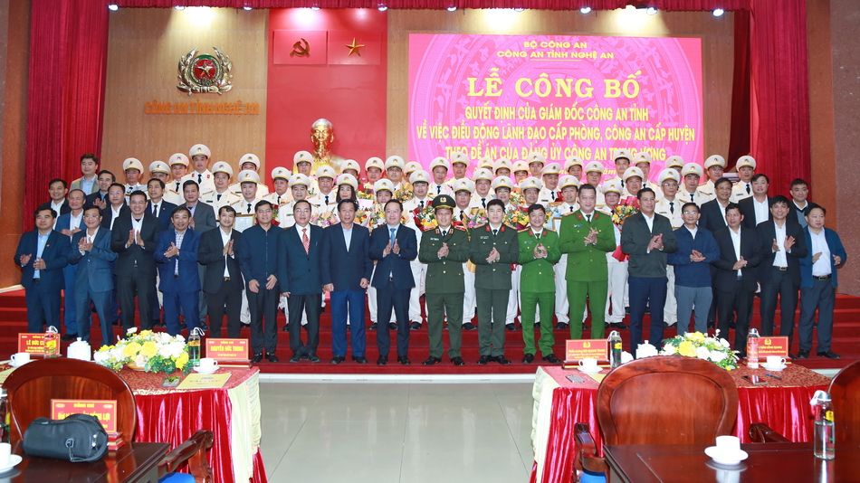 Các đồng chí Lãnh đạo tỉnh, Công an tỉnh, Thường trực Huyện, Thành, Thị ủy và các sở, ban, ngành chúc mừng 104 đồng chí lãnh đạo cấp phòng, Công an cấp huyện được điều động theo Đề án của Đảng ủy Công an Trung ương