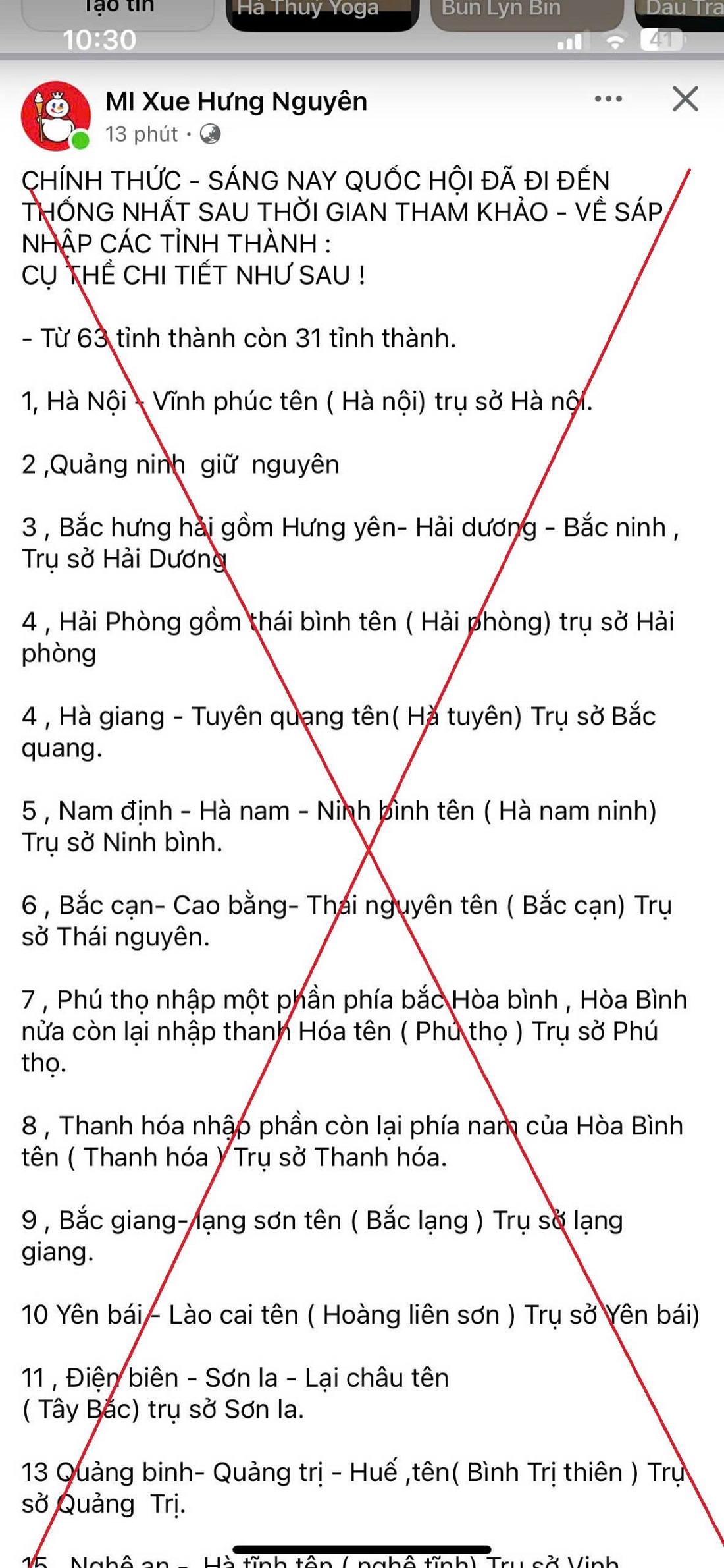 Thông tin sáp nhập được ông K. đăng tải trên trang cá nhân