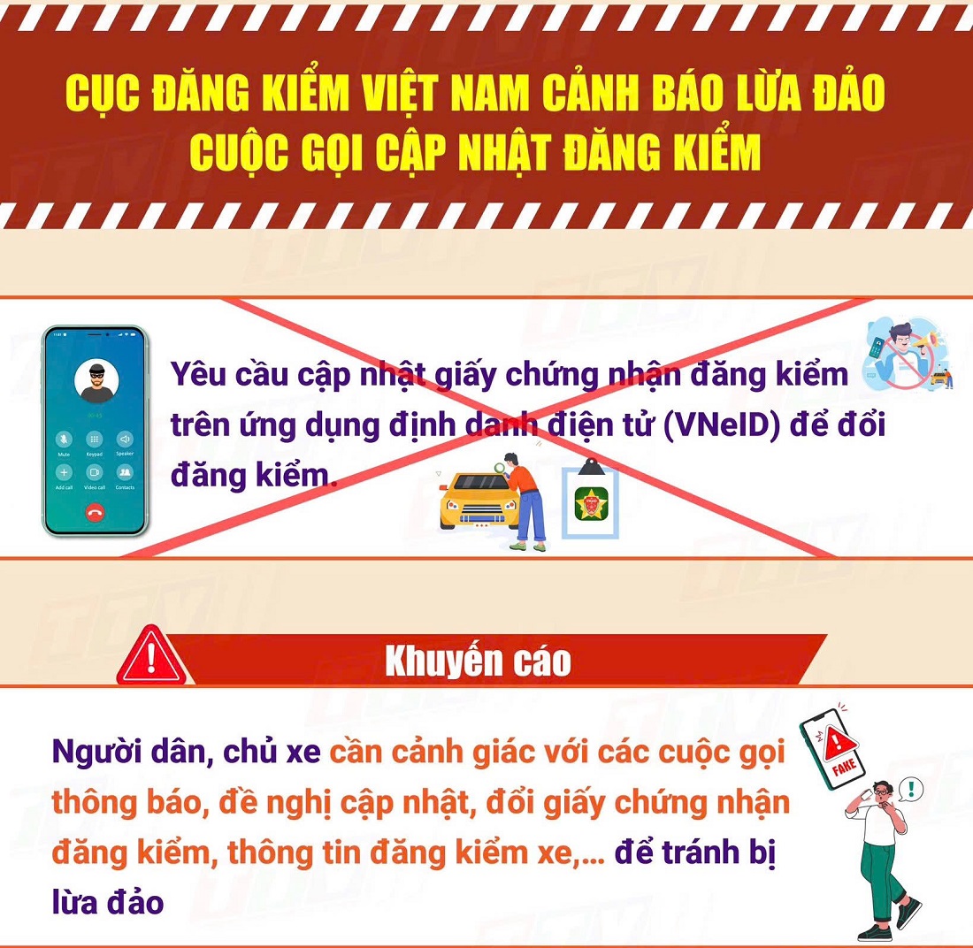Cục Đăng kiểm Việt Nam khuyến cáo chủ xe cần cảnh giác với các cuộc gọi yêu cầu cập nhật thông tin đăng kiểm trên ứng dụng VNeID