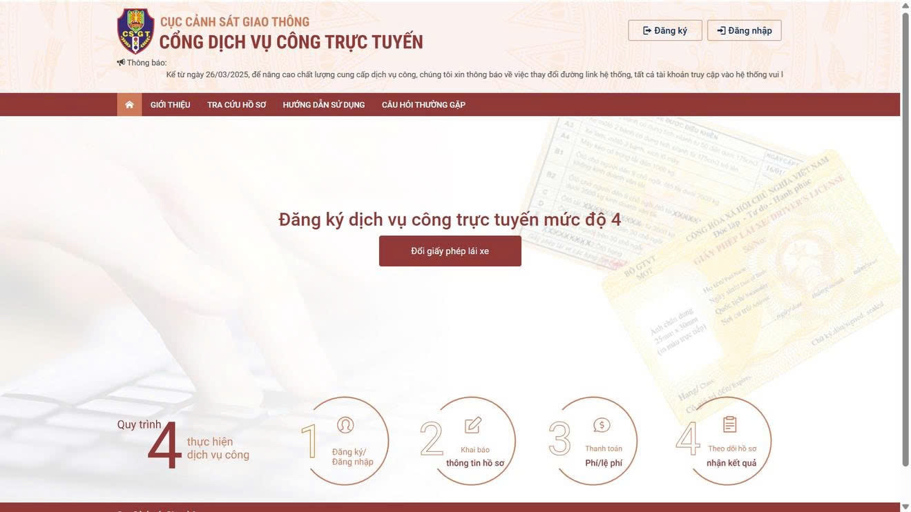 Giao diện trang thông tin dịch vụ công mới của Cục CSGT. Ảnh chụp màn hình 