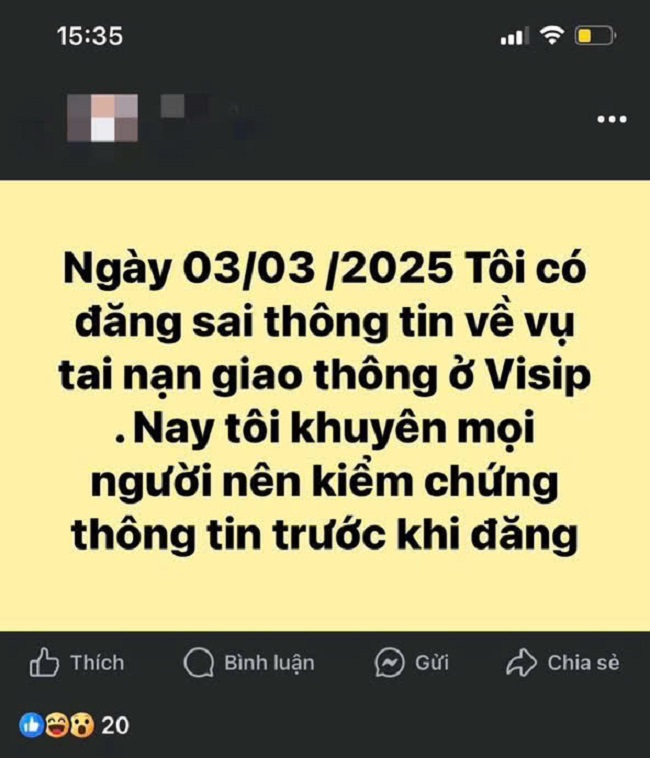 Người vi phạm đăng cải chính trên mạng xã hội sau khi đăng tải nội dung bịa đặt về vụ tai nạn giao thông