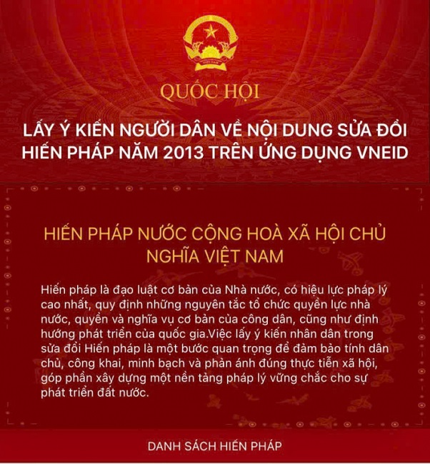 Lấy ý kiến người dân về nội dung sửa đổi, bổ sung một số điều của Hiến pháp năm 2013 trên ứng dụng VNeID.