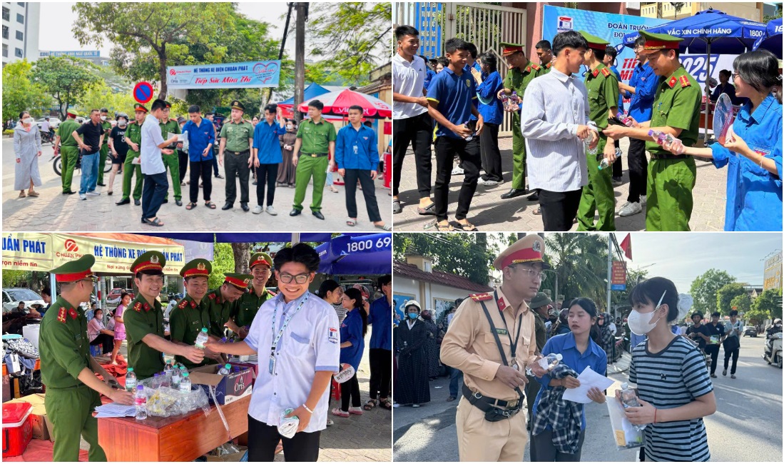 Đoàn viên, thanh niên Công an tỉnh phát nước, sữa tươi cho sĩ tử tại các điểm thi