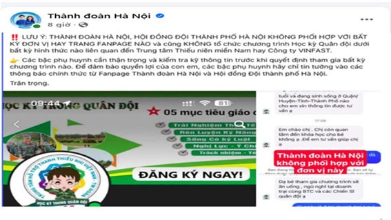 Thành đoàn - Hội đồng Đội thành phố Hà Nội cảnh báo lừa đảo liên quan đến “Học kỳ Hè Quân đội năm 2025”