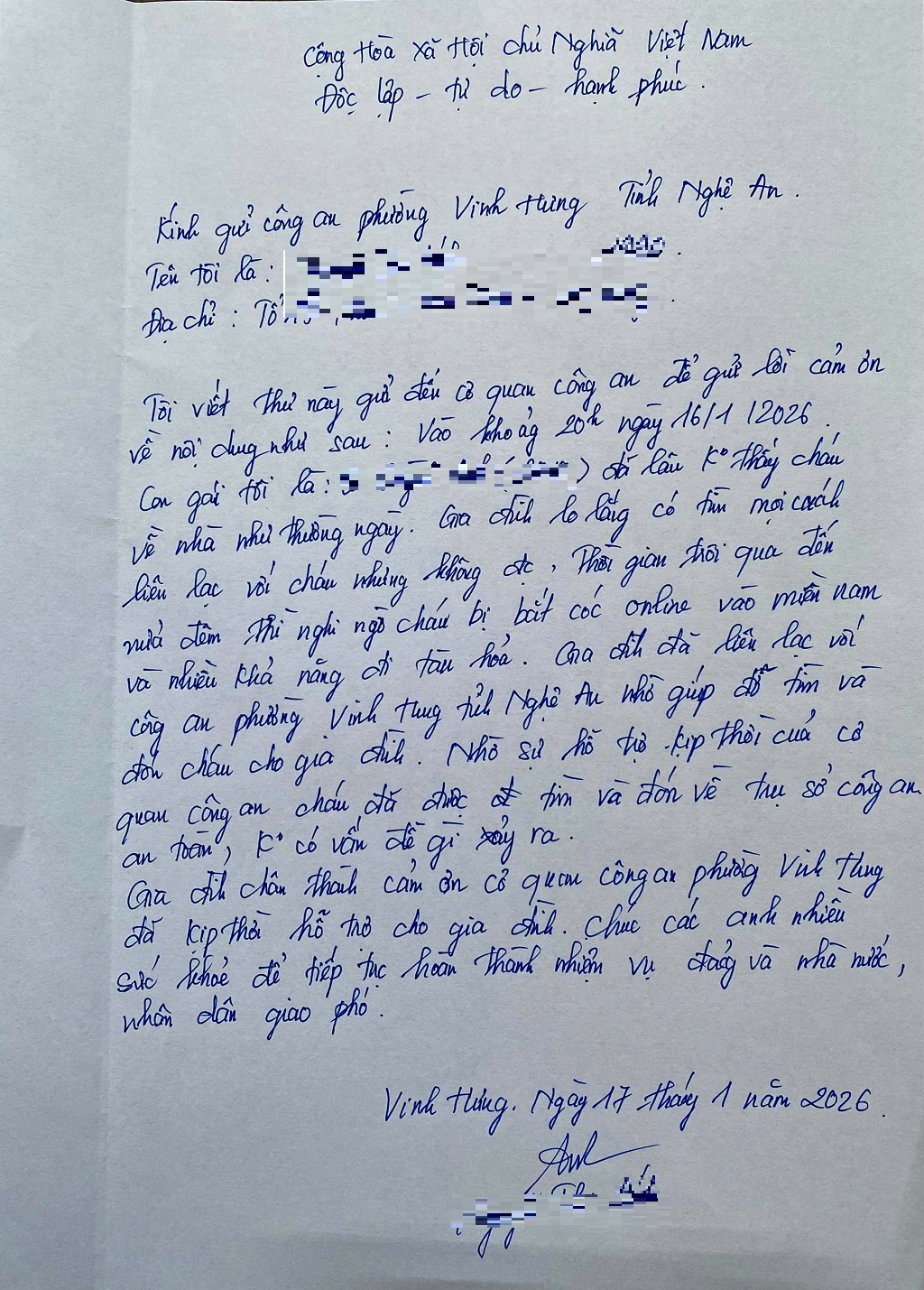 Gia đình em A. viết thư cảm ơn Công an phường Vinh Hưng 