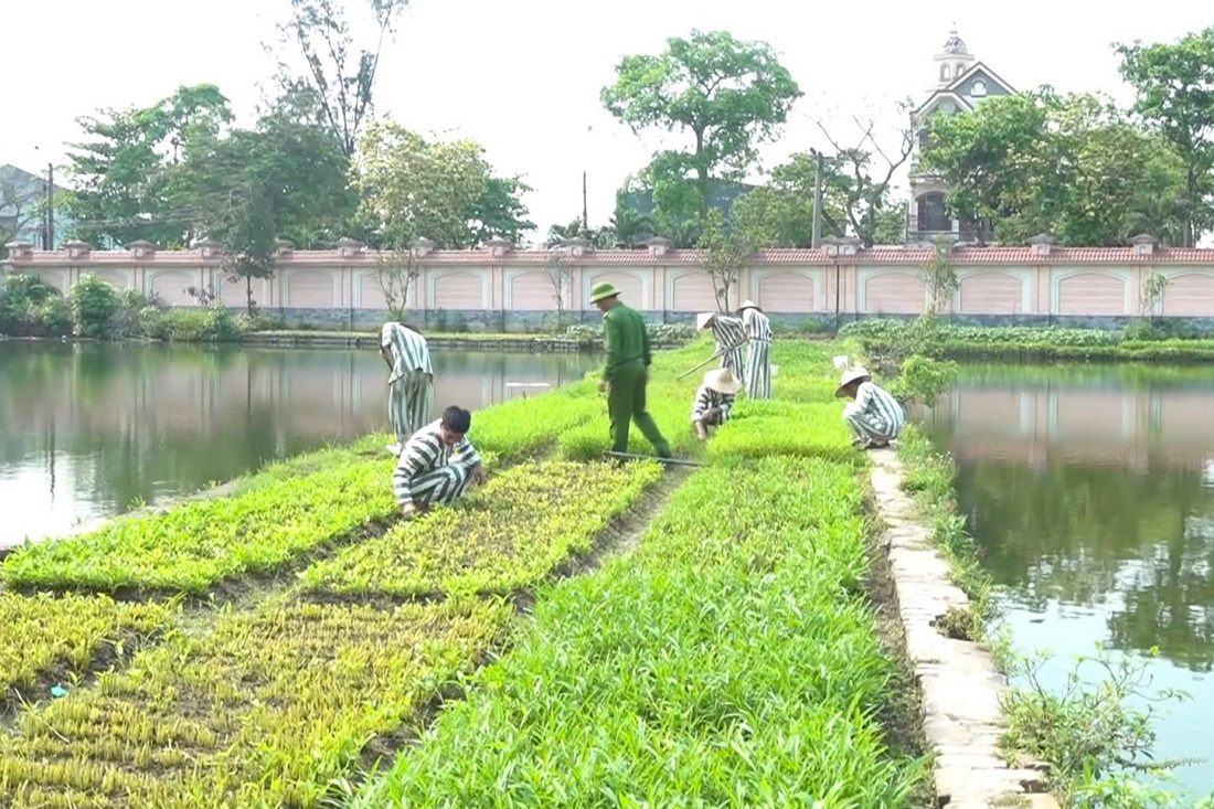 Cán bộ quản giáo hướng dẫn phạm nhân lao động, sản xuất