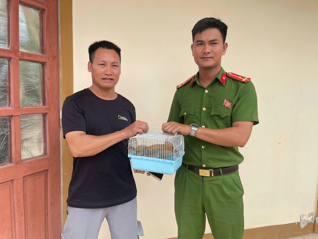 Công an xã tiếp nhận cá thể Culi quý hiếm do anh Khương tự nguyện giao nộp