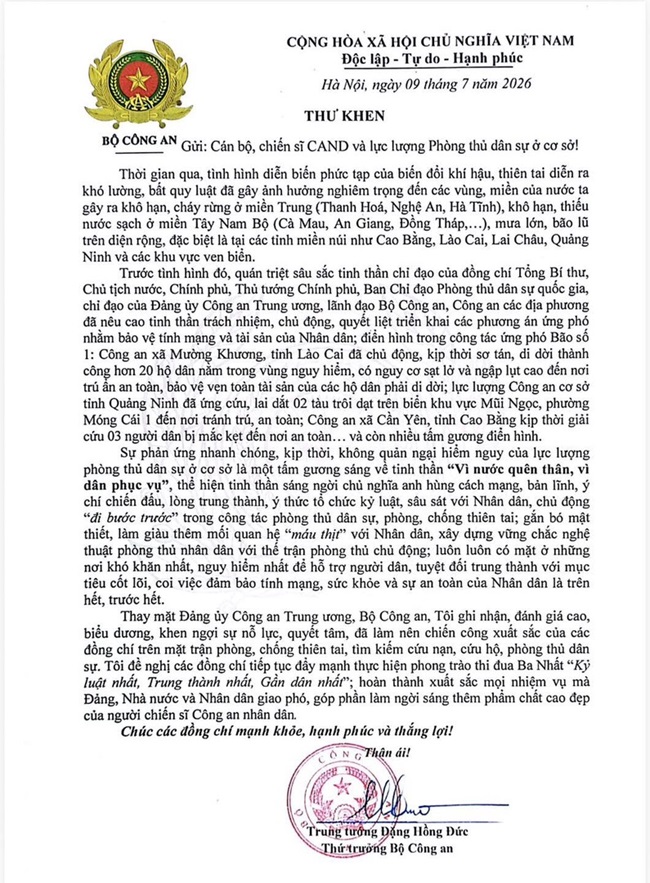 Thư khen cán bộ, chiến sĩ Công an nhân dân và lực lượng Phòng thủ dân sự cơ sở