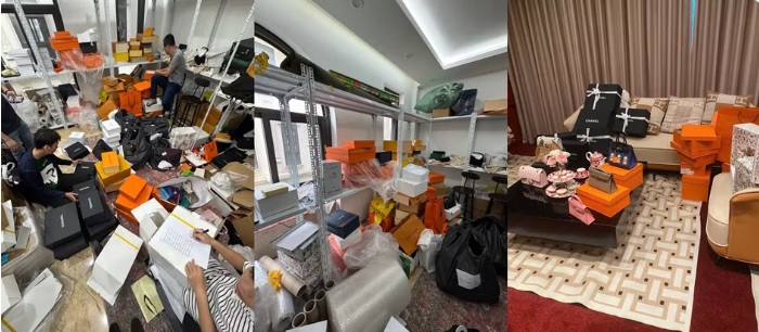 Lực lượng chức năng kiểm tra số hàng hóa có dấu hiệu giả mạo nhãn hiệu tại địa điểm kinh doanh.