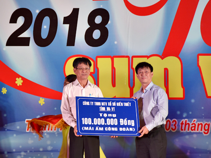 Đại diện Công ty TNHH MTV Xổ số kiến thiết tỉnh trao bảng tượng trưng 100 đồng ủng hộ Quỹ Mái ấm công đoàn cho ông Châu Văn Thắng, Chủ tịch LĐLĐ tỉnh (trái).