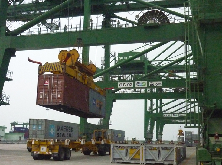 Bốc xếp hàng hóa xuất nhập khẩu tại cảng SP-PSA  (TX.Phú Mỹ). Ảnh: THÀNH HUY 