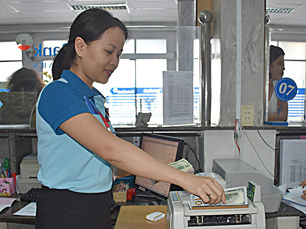 Kiểm đếm ngoại tệ để giao dịch cho khách tại Vietinbank BR-VT.