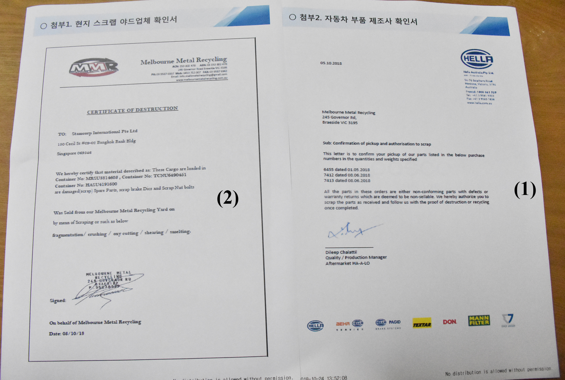 2 tờ xác nhận của Công ty Stamcorp International PTE.LTD (trái) và Công ty Hella tại Úc.