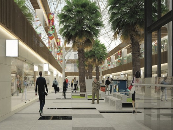 Phố đi bộ tràn ngập tràn ánh sáng và cây xanh trong KNG mall.