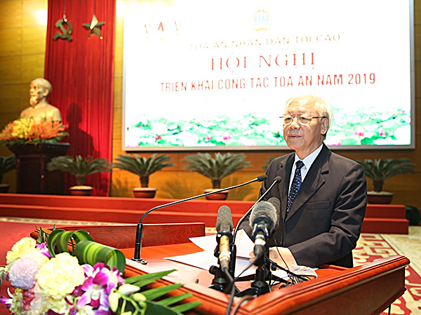 Tổng Bí thư, Chủ tịch nước Nguyễn Phú Trọng, Trưởng Ban Chỉ đạo Cải cách Tư pháp Trung ương dự triển khai công tác Tòa án năm 2019. Ảnh: TTXVN