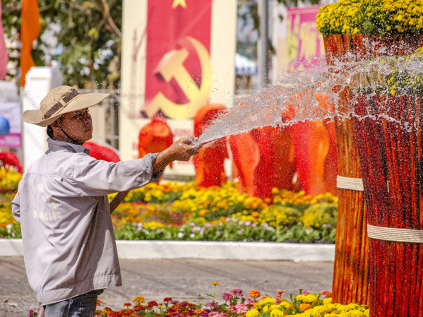 Công nhân chăm sóc hoa tại TT.Phước Bửu (huyện Xuyên Mộc). 
