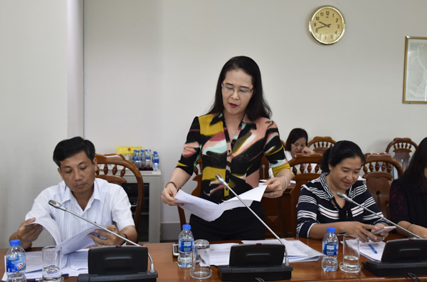 Bà Trần Ngọc Thân, Giám đốc Đài PT-TH tỉnh phát biểu góp ý đề án.