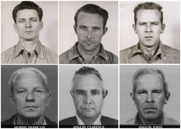 Chân dung của Morris, John và Clarence trước lúc vượt ngục và 20 năm sau do bộ phận nhận dạng của FBI  mô tả trong lệnh truy nã bổ sung.