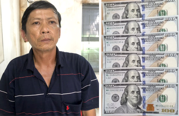 Đối tượng Nguyễn Văn Phương cùng số ngoại tệ chưa rõ nguồn gốc mang trên người.