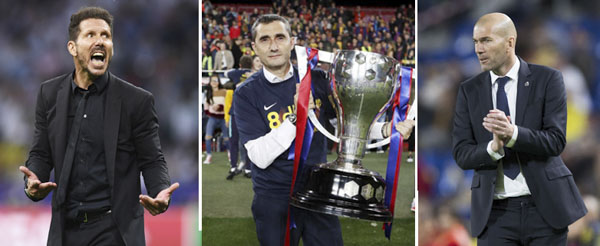 Từ trái qua: HLV Simeone, Valverde và Zidane.