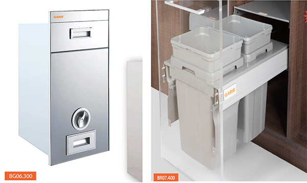 Thùng gạo mặt gương            Thùng rác âm tủ ray giảm chấn