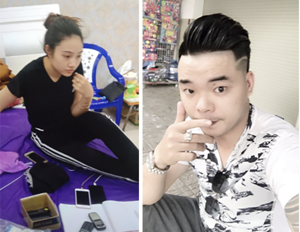 Đối tượng Hoàng Ngọc Thành và vợ Hán Thị Huyền cùng tang vật tại hiện trường khi lực lượng Công an khám xét nơi ở của 2 vợ chồng này.