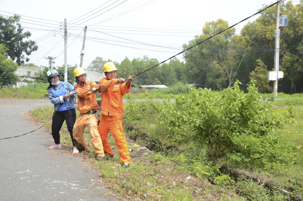 Đoàn viên, thanh niên Điện lực Xuyên Mộc lắp đèn chiếu sáng trên tuyến đường ấp Trang Hùng, xã Bông Trang.