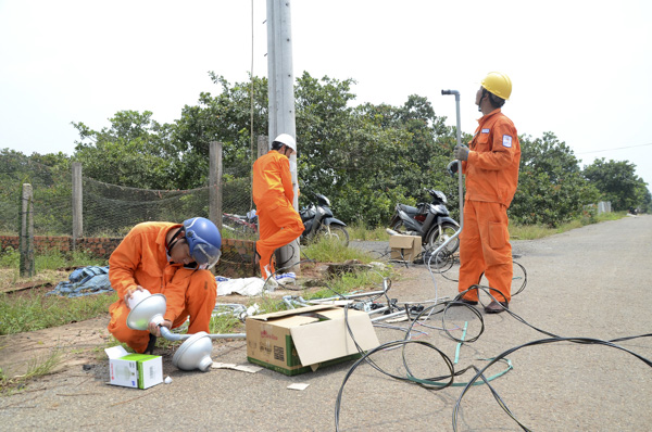Đoàn viên, thanh niên Điện lực Xuyên Mộc lắp đèn chiếu sáng trên tuyến đường ấp 2, xã Bưng Riềng.