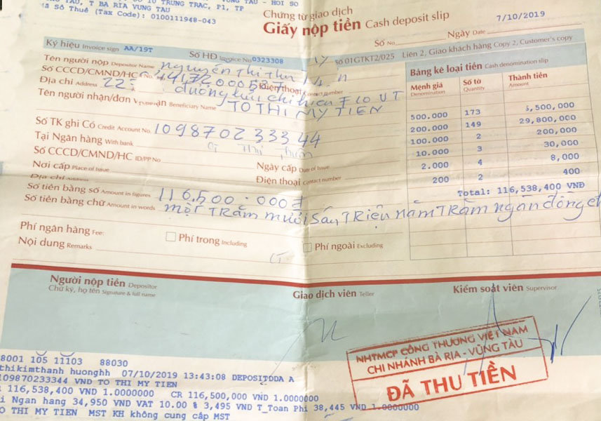 Giấy nộp tiền lần 3 với số tiền 116,5 triệu đồng do chị H. thực hiện gửi vào tài khoản số 109870233344 mang tên Tô Thị Mỹ Tiên. Ảnh: BÌNH AN