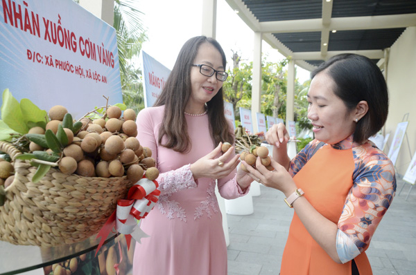 Đại biểu tham quan các gian hàng trưng bày sản phẩm đặc trưng của huyện tại Hội thảo Phát triển tiềm năng du lịch huyện Đất Đỏ. Ảnh: ĐÔNG HIẾU