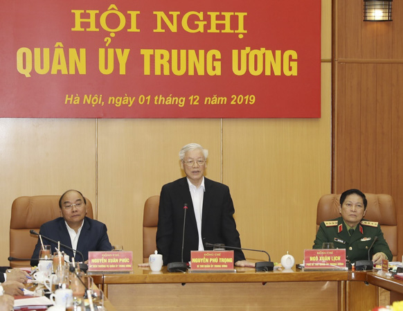 Tổng Bí thư, Chủ tịch nước Nguyễn Phú Trọng, Bí thư Quân ủy Trung ương  phát biểu kết luận hội nghị. Ảnh: TRÍ DŨNG 