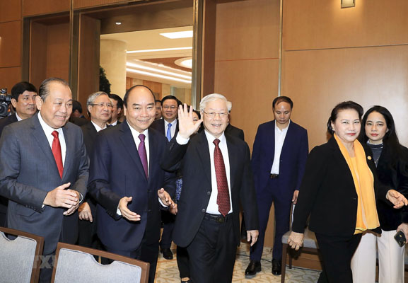 Tổng Bí thư, Chủ tịch nước Nguyễn Phú Trọng, Thủ tướng Nguyễn Xuân Phúc,  Chủ tịch Quốc hội Nguyễn Thị Kim Ngân đến dự hội nghị.