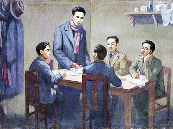 Lãnh tụ Nguyễn Ái Quốc - Hồ Chí Minh chủ trì Hội nghị thành lập Đảng Cộng sản Việt Nam ngày 3/2/1930. Ảnh chụp lại tranh của họa sĩ Phi Hoanh (Ảnh: Bảo tàng Lịch sử Quốc gia).
