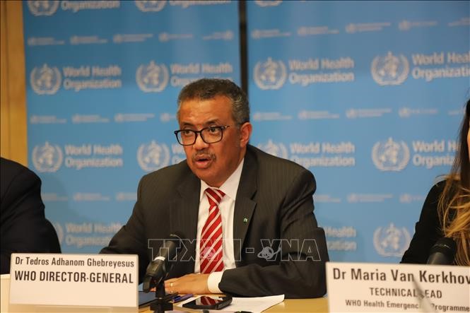 Tổng Giám đốc WHO Tedros Adhanom Ghebreyesus tại cuộc họp báo về COVID-19 ở Geneva, Thụy Sĩ. Ảnh: THX/TTXVN