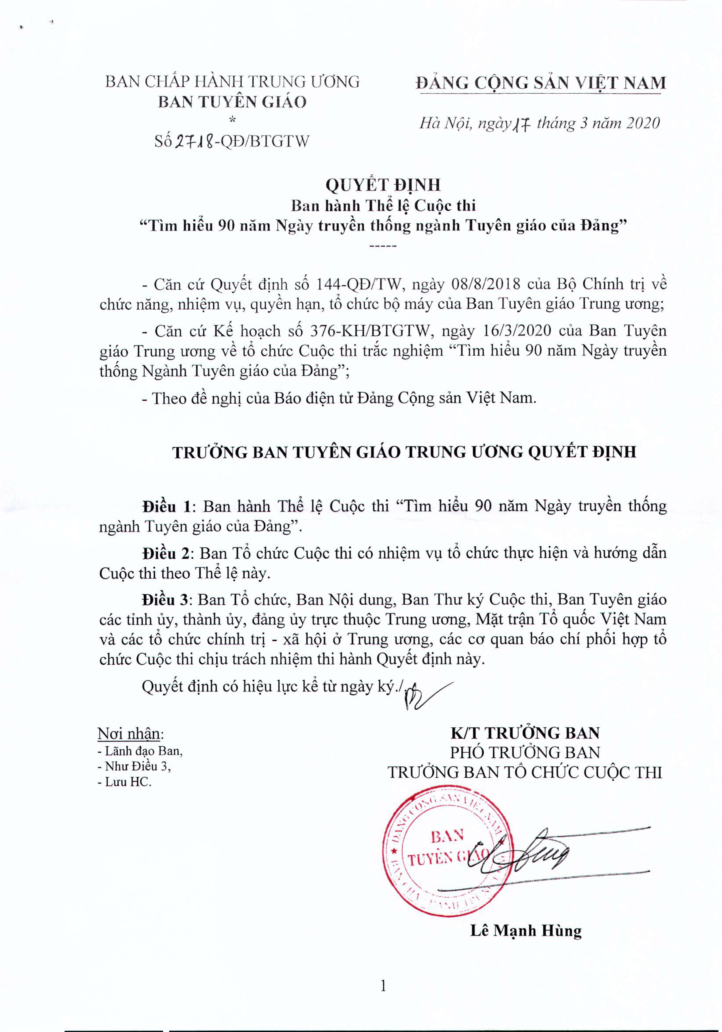 Thể lệ Cuộc thi “Tìm hiểu 90 năm Ngày truyền thống ngành Tuyên giáo của Đảng”