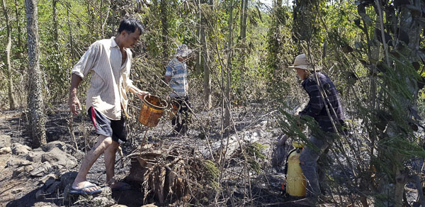 Lực lượng dân quân, Công an xã Quảng Thành và người dân phải mất gần 3 giờ đồng hồ mới dập tắt hoàn toàn đám cháy.