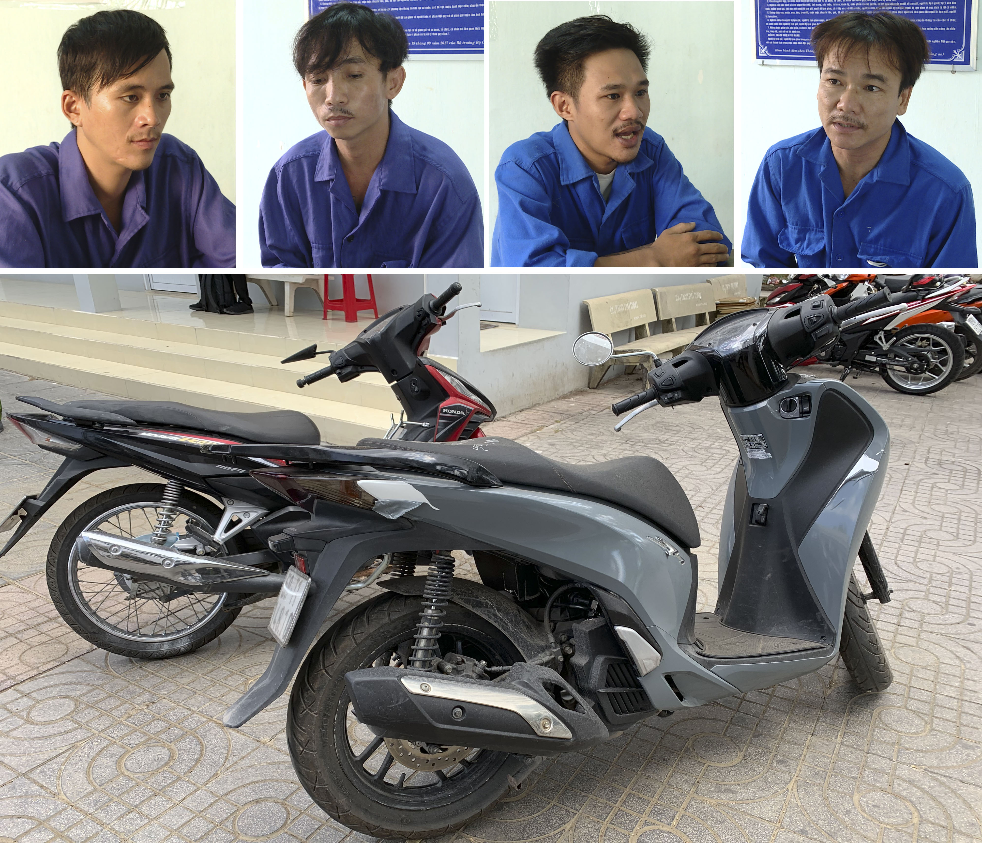Các đối tượng Hiếu, Đức, Hùng, Toản (từ trái qua) tại cơ quan công an và tang vật vụ án được thu giữ.