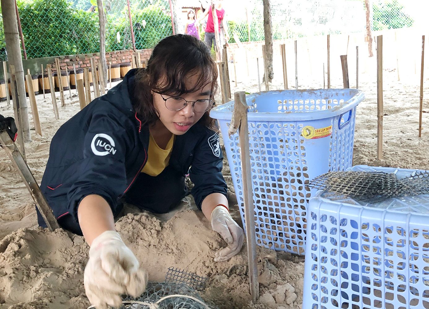 Tình nguyện viên Đặng Lương Diệu An, đến từ Thái Bình trong phần việc làm vệ sinh hố ấp trứng rùa.