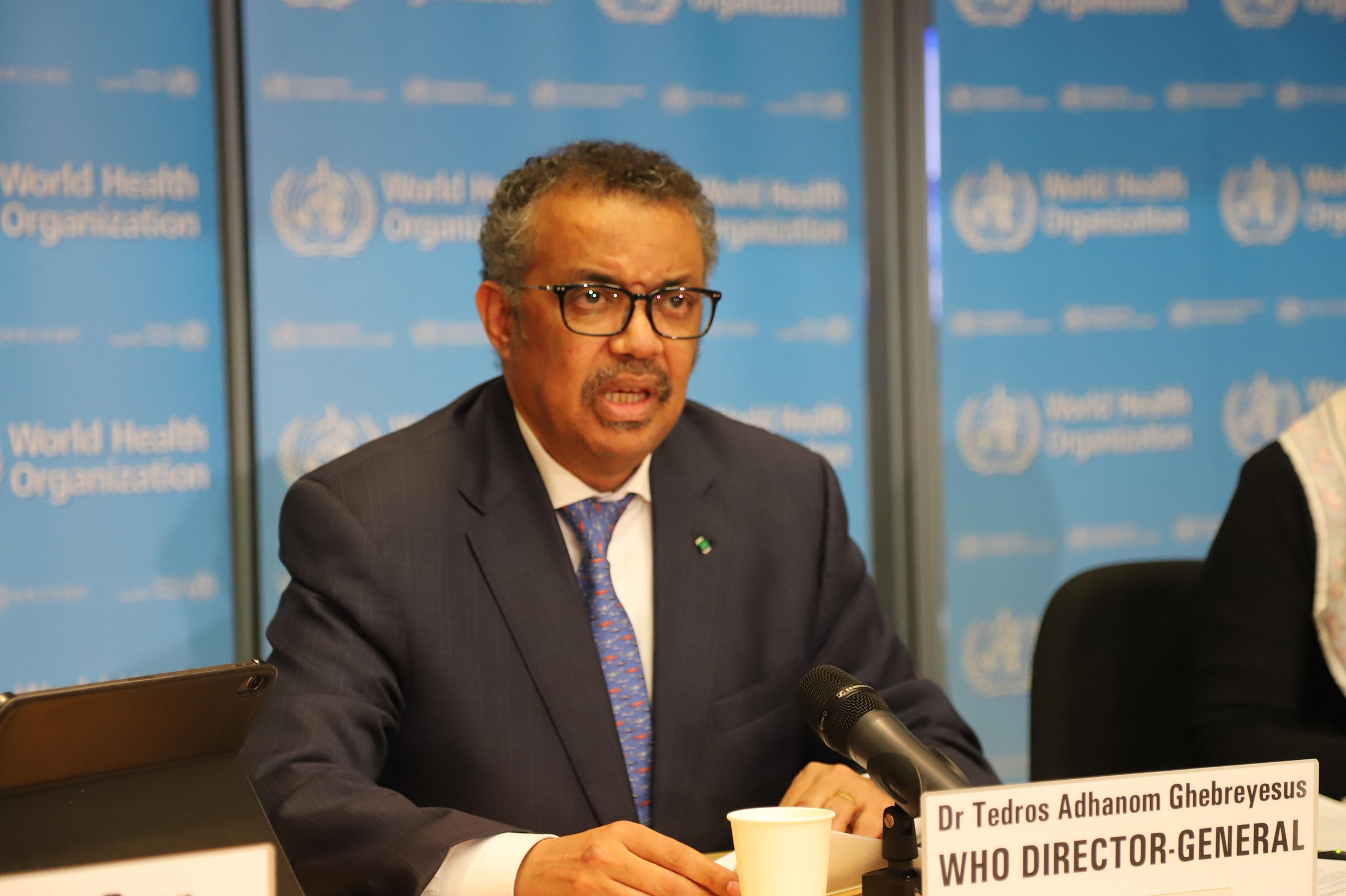 Tổng Giám đốc WHO Tedros Adhanom Ghebreyesus trong cuộc họp báo về dịch COVID-19 tại Geneva, Thụy Sĩ.