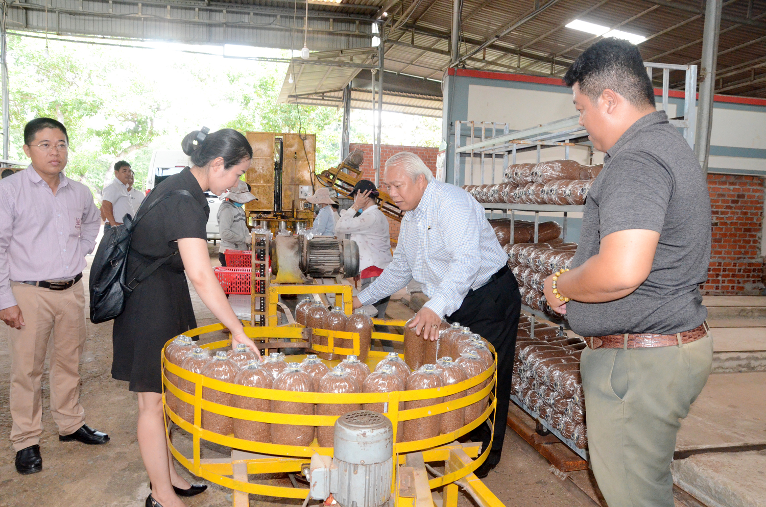 Du khách thích thú khi trải nghiệm quy trình đóng bịch phôi nấm  tại Công ty TNHH nông nghiệp công nghệ cao U.S Farm.