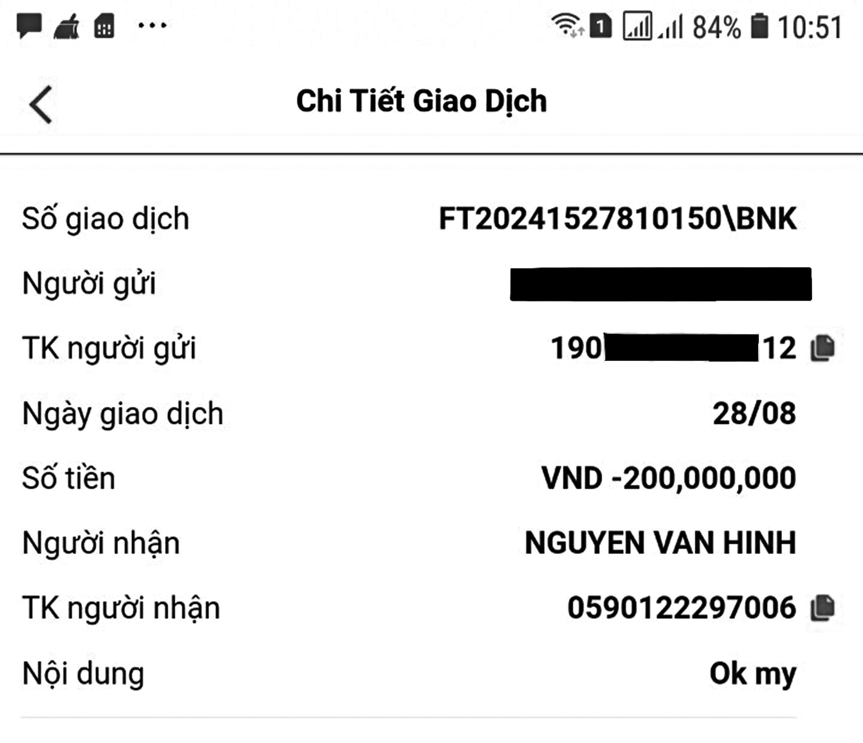 Phiếu chuyển tiền của nạn nhân cho bọn tội phạm lừa đảo.