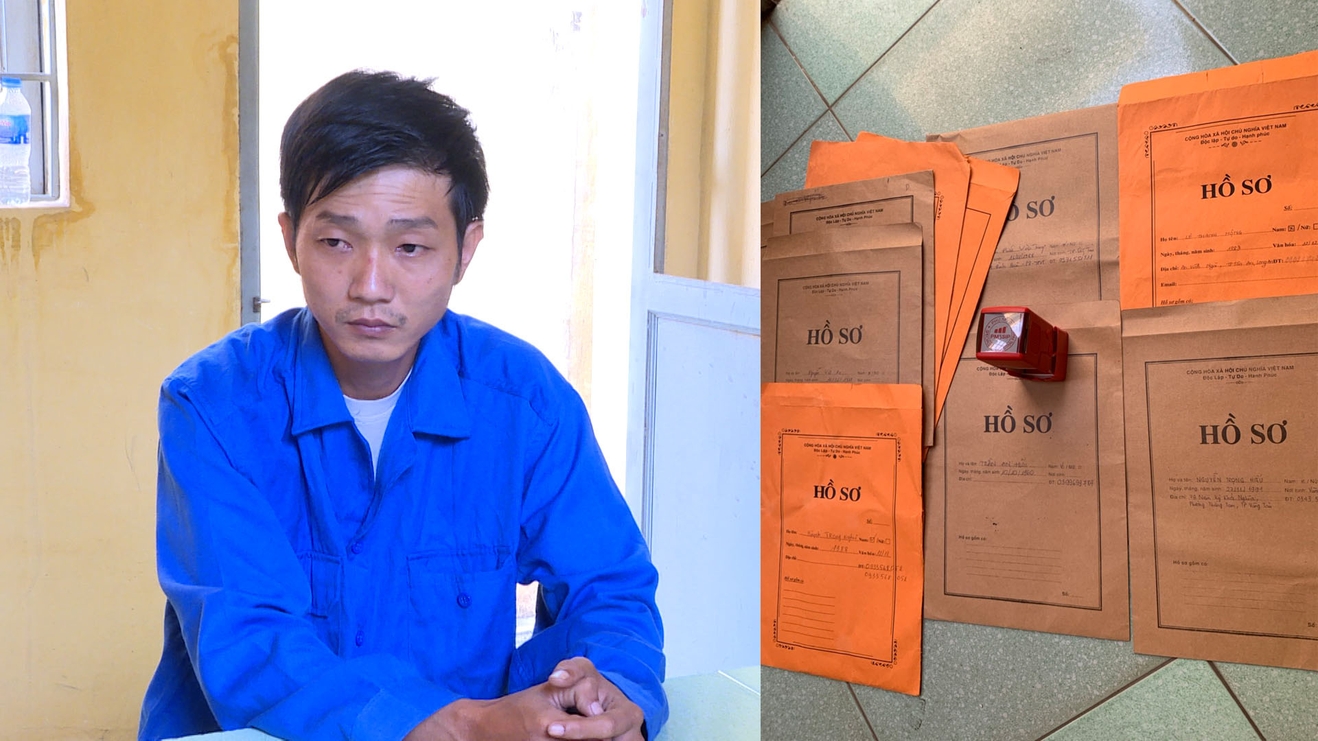 Đối tượng Nguyễn Viết Thắng, hồ sơ xin việc của nạn nhân và con dấu giả.