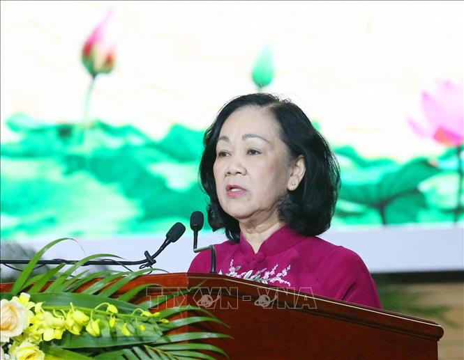 Đồng chí Trương Thị Mai, Uỷ viên Bộ Chính trị, Bí thư Trung ương Đảng, Trưởng Ban Dân vận Trung ương phát biểu tại Lễ kỷ niệm. Ảnh: Phương Hoa/TTXVN