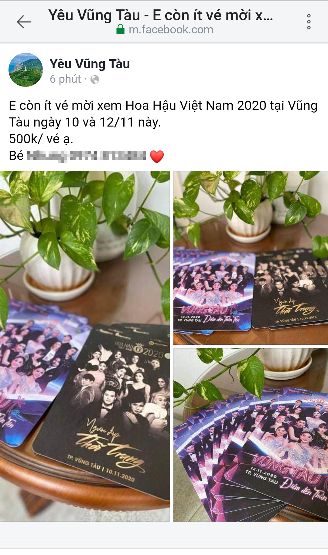 Ảnh chụp màn hình thông tin rao bán vé mời xem cuộc thi Hoa hậu Việt Nam 2020 tại TP. Vũng Tàu.