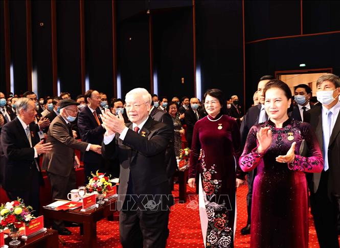 Tổng Bí thư, Chủ tịch nước Nguyễn Phú Trọng; Chủ tịch Quốc hội Nguyễn Thị Kim Ngân; Phó Chủ tịch nước Đặng Thị Ngọc Thịnh đến dự Lễ khai mạc Đai hội Thi đua yêu nước lần thứ X. Ảnh: TTXVN