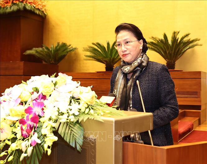 Chủ tịch Quốc hội Nguyễn Thị Kim Ngân, Chủ tịch Hội đồng Bầu cử quốc gia phát biểu. Ảnh: Trọng Đức/TTXVN