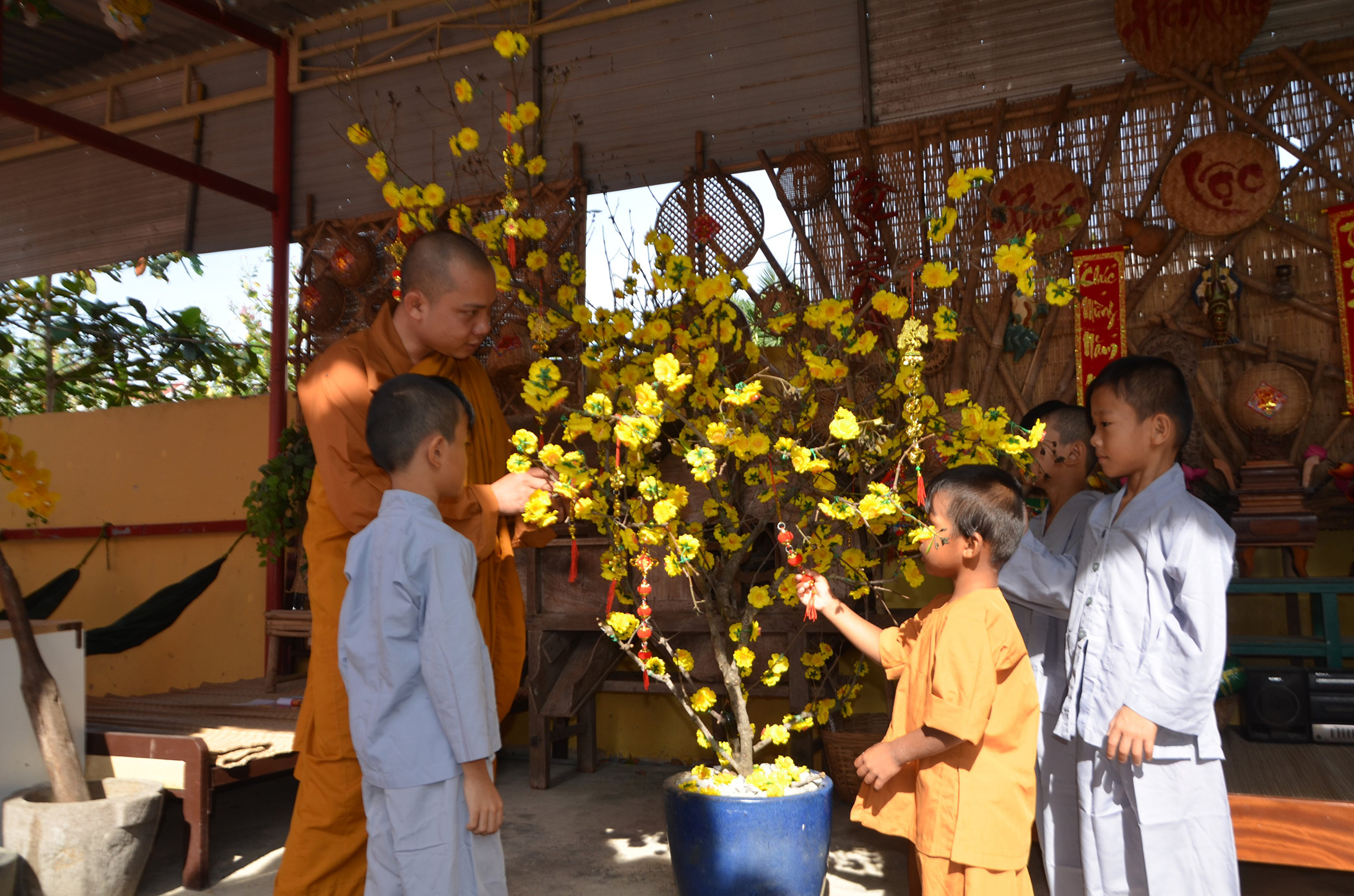 Trẻ em ở Trung tâm Nhân đạo Hồng Quang (TX.Phú Mỹ) trang trí cây mai chuẩn bị đón Tết.