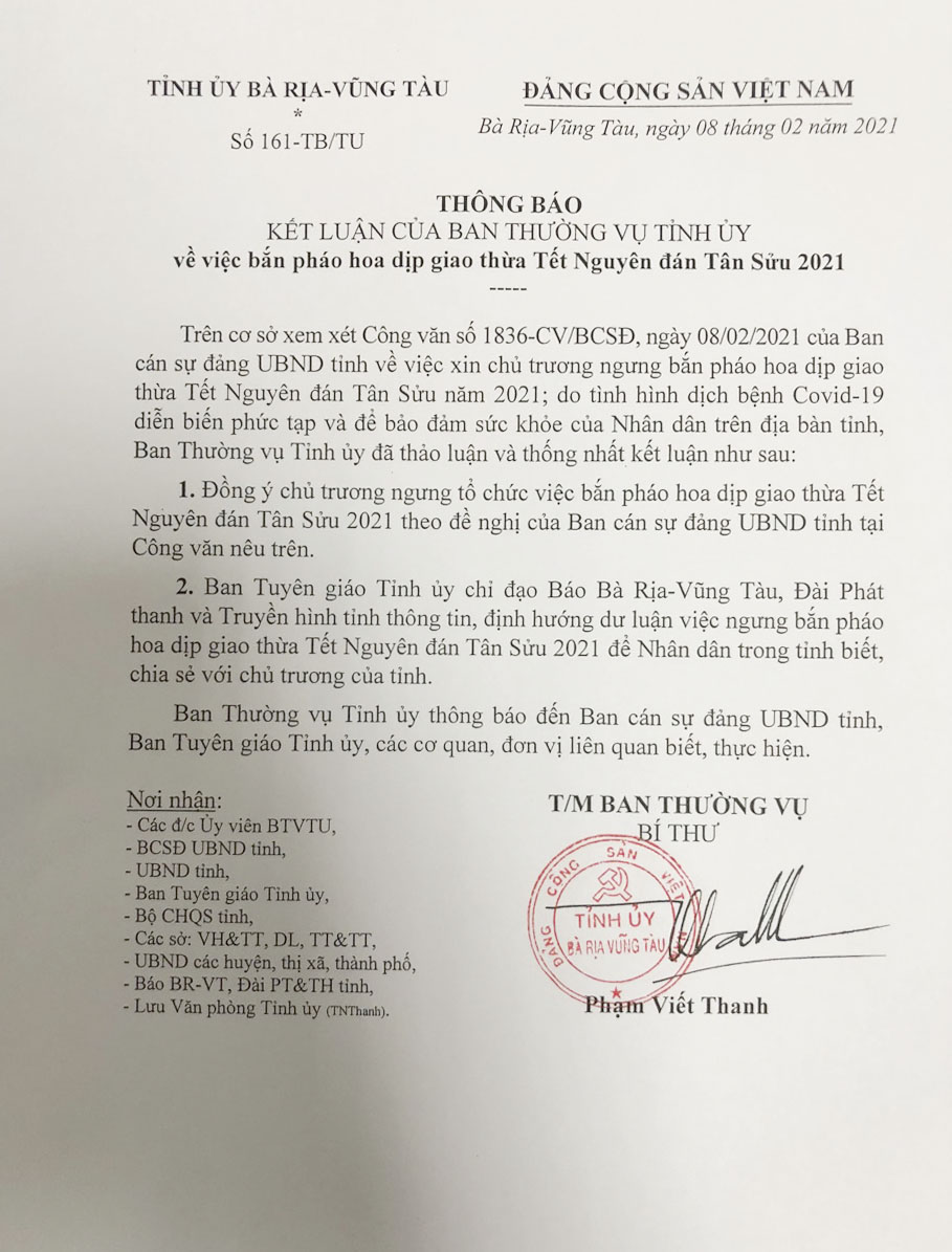 Toàn văn Thông báo số 161-TB/TU ngày 8/2 của Ban Thường vụ Tỉnh ủy