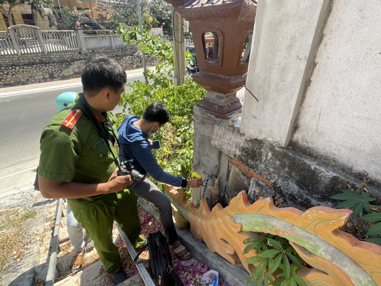 Lực lượng Công an TP. Vũng Tàu ghi nhận hiện trường vụ cưa trộm hoa giấy tại Chùa Phổ Diệu (phường 5, TP. Vũng Tàu).