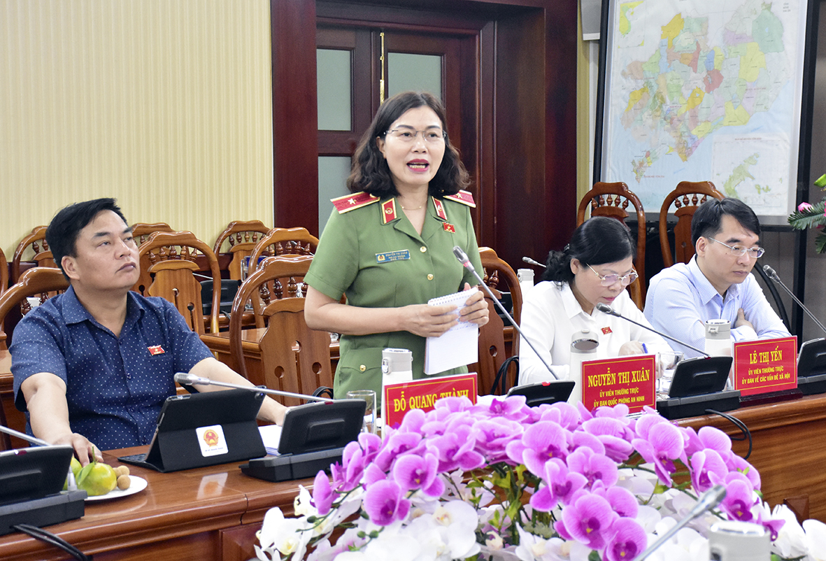 Thiếu tướng Nguyễn Thị Xuân, Ủy viên Thường trực Ủy ban Quốc phòng và An ninh đề nghị tỉnh cần đặc biệt quan tâm đến công bảo vệ an ninh chính trị nội bộ trong cuộc bầu cử.